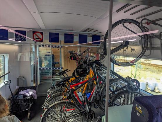 a bike section of a train car, with bicycles hanging in racks