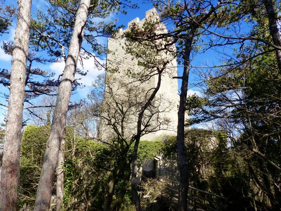 Burgruine in einem Wald - der eckige Hauptturm, der ein bisschen von Bäumen verdeckt ist, ragt in den strahlend blauen, leicht bewölkten Himmel.