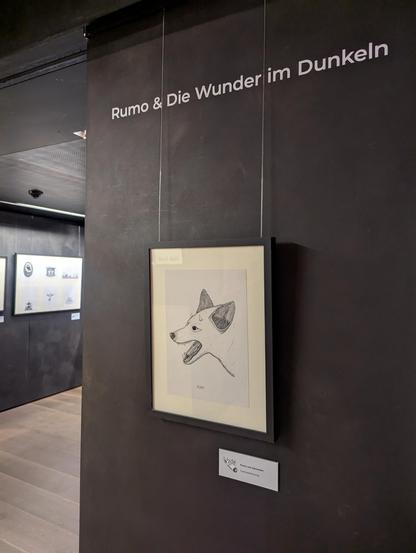 Ausstellungsraum im Erdgeschoss des Caricatura-Museum.
Im Vordergrund auf der rechten Seite sieht man eine schwarze Wand mit der Aufschrift "Rumo & die Wunder im Dunkeln". Darunter hängt eine Illustration des Wolpertingers Rumo, gezeichnet von Walter Moers. 
Im Hintergrund sieht man einen Gang mit einer weiteren Illustration.