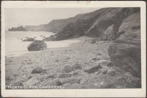 Printed monochrome postcard showing a view of the North Cliffs in Camborne, Cornwall.

Publisher not stated, not numbered.

Postally used on 26 August 1910 with double circle Camborne cancellation on green halfpenny stamp and sent to Miss L Rickard, c/o J Holman Esq, Carrack Gladden, Carbis Bay RSO.

Fairly good condition, with slight corner bumps, but knock with two small tears to centre of top edge.