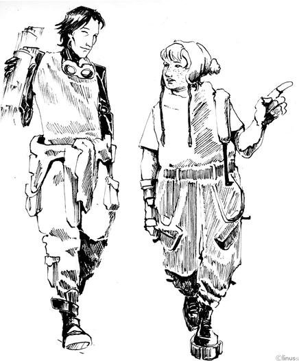 Black and white drawing of two characters walking