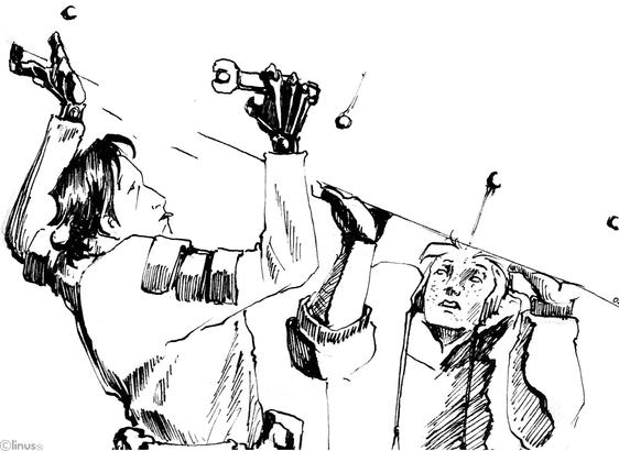 Black and white close up drawing of two characters fixing a device