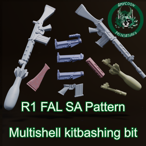 R1 FAL Kitbashing Bit, Multishell, there are multiple parts of the gun, the gun it's shown both dissasembled into multiple parts and combined. 

There is also the grenade launcher version and the rifle version as well.