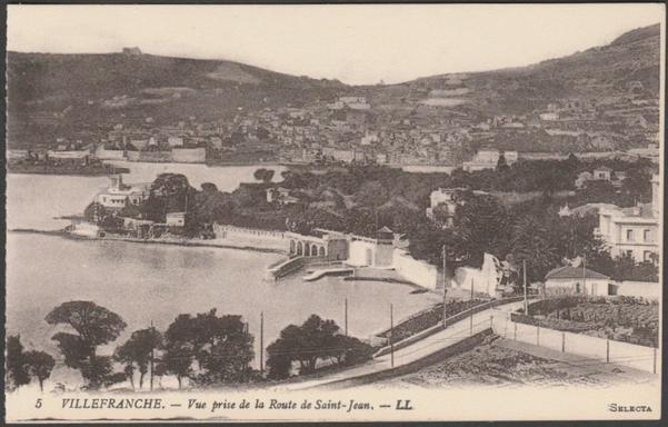 Printed sepia postcard showing a view of the Route de Saint-Jean at Villefranche-sur-Mer in France.

Published by Lévy File et Cie, Paris, Selecta, No LL 5, c.1910s.

Postally unused.

Very good condition, with very slight corner bumps.