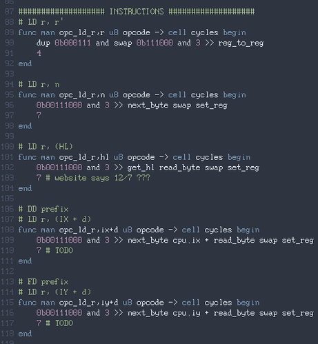a few functions in my programming language containing a single line of code, with an extra line to describe how many cycles a certain Z80 instruction takes to run