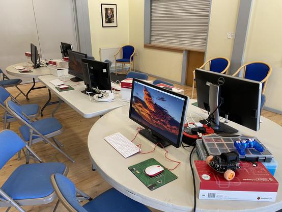 Computers set up in a village hall