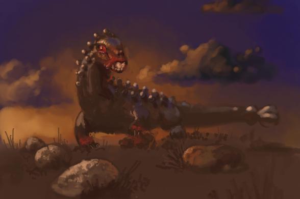 Digital painting of fantasy lizard like creature with big teeth, bloodshot eyes and round lumps on its back