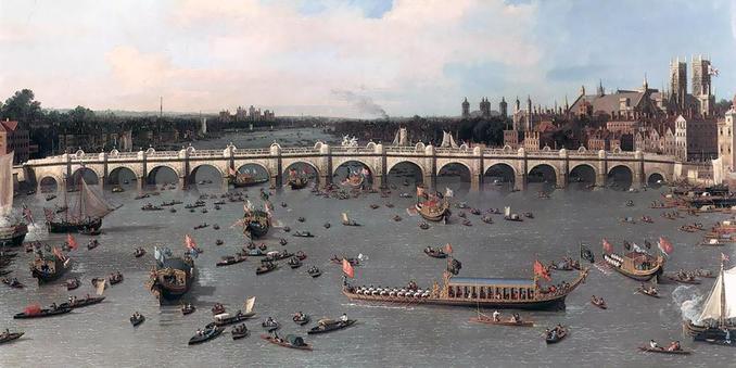 Dipinto del Canaletto che ritrae il ponte di Westminster a Londra. Un cielo sui toni del roseo e dell'azzurro, tanta acqua e tante barche di varie dimensioni, e i molti archi del ponte di pietra che, sulla riva destra del fiume, permette di raggiungere la Cattedrale e più oltre la Torre di Londra.