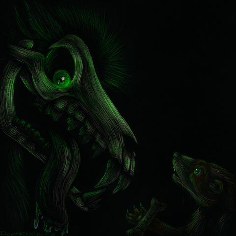 Dark stylized digital illustration of a dog with a canine skull head, glowing green eyes, fuzzy ears and neck and a drooling tongue looking down at a sandy coloured ferret adventurer with green eyes and brown markings.

The ferret is holding a dog treat on an outstretched paw and is looking into the eyes of the skulldog with a terrified expression.

The piece is drawn on a dark background with the green glowing eyes illuminating the two characters.
