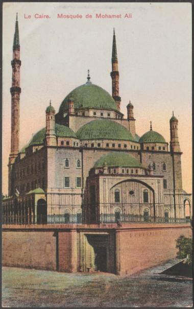 Printed colour postcard showing a view of the Great Mosque of Muhammad Ali in Cairo, Egypt.

Published by Max H. Rudmann, Le Caire, No A.1474, c.1905-10.

Postally unused.

Very good condition, with very slight corner bumps and light album marks.