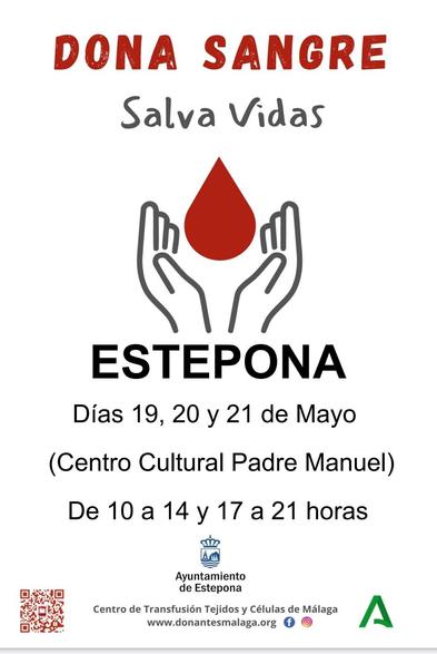 Tu donación, su salvación
🩸🩸Donación de sangre y plasma en #Estepona, en Centro Cultural Padre Manuel. Lunes 19, martes 20 y miércoles 21 de mayo, en horario de 10:00 a 14:00 y 17:00 a 21:00 horas #DonaSangre  #Málaga #DonaPlasma #DonaVida @Malagadona