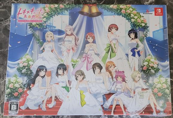 De box editie van de Lovelive Nijigasaki visual novel voor Nintendo Switch

De personages in trouwjurk staan en zitten op een soort rode trap
Ze zijn omringt met bloemen en groen
En in de achtergrond zijn twee witte pilaren zichtbaar en 2 grote gouden bel klokken