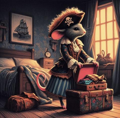 KI-Bild (DALL•E3):

Miss Meeps, die kleine Maus, trägt ihr Piratenoutfit und schließt eins ihrer Köfferchen. Sie ist als Erste fertig mit Packen.