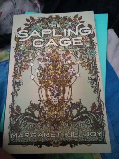 Photo of a book with an intricate and gorgeous design. Climbing plants border an arch. In the middle is a skull caged in something the looks kinda like a lamp? Above grows a rose bush outlined by stars.