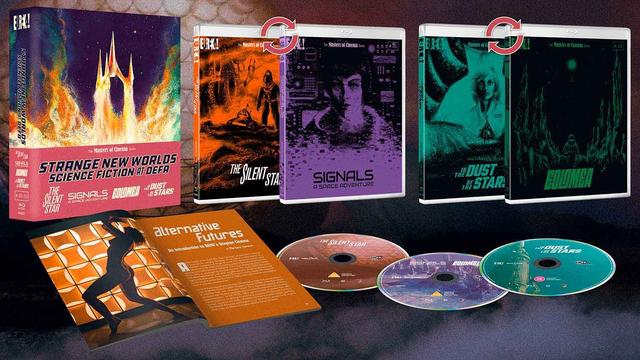 DEFA strange new worlds sci fi boxset of films with art by Carly A-F
a box with a retro rocket blasting off, and four interior pieces