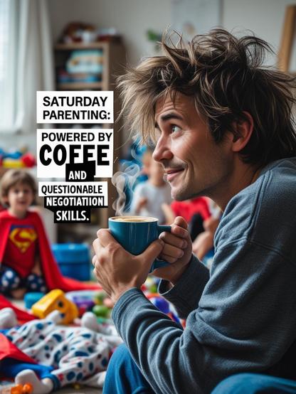 Saturday parenting: powered by coffee and questionable negotiation skills.