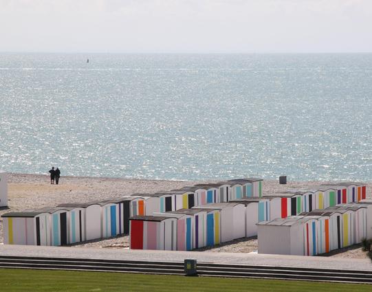 color-coded beach cabins in Le Havre