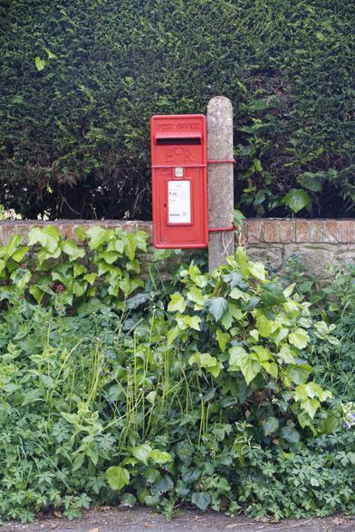 A red postbox is attached on the right to a concrete pole. Behind it is a hedge and a brick wall. The foreground has green plants.