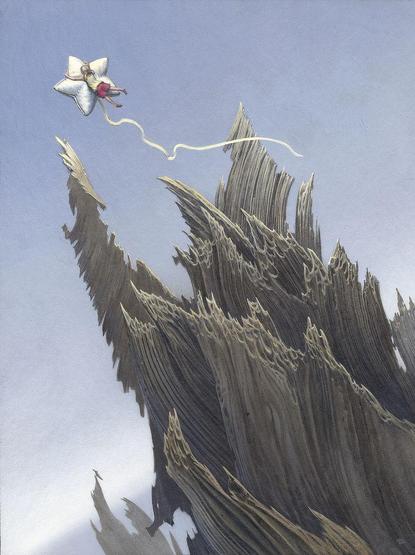 A young girl with hair tied back in blonde pigtails holds on for dear life as she clings to a white star-shaped balloon. Sweeping rock formations set against cloudless pale skies reach out as she narrowly escapes their sharp feathered tips. The girl is wearing a white tank top and pink shorts. Her feet are bare, floating unsupported and at the mercy of momentum like the long kite tail that trails the pillowy balloon in its exit off panel to the upper left. The far horizon, rendered hazily, tilts at an extreme angle adding to the sense of disorientation, perpendicular to the movement of the rocks and path of the balloon.