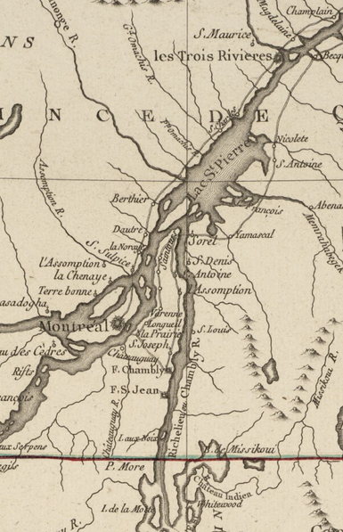 An old map of the Richelieu River where it meets the St. Lawrence River. The old British forts at St. Jean and Chambly are shown, as is the border between the Province of Quebec (Canada) and the Thirteen Colonies.