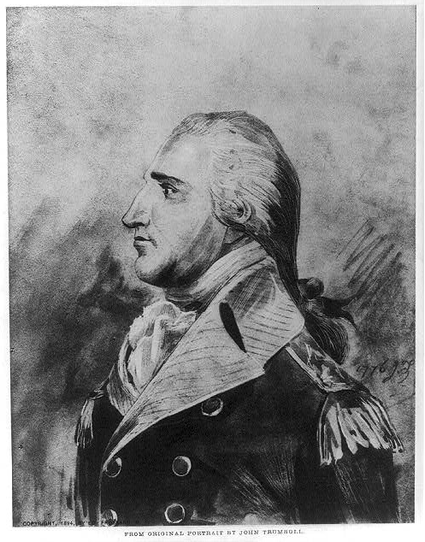 A black and white sketch of Benedict Arnold. He is in profile, with his hair tied back, and is wearing an army uniform.