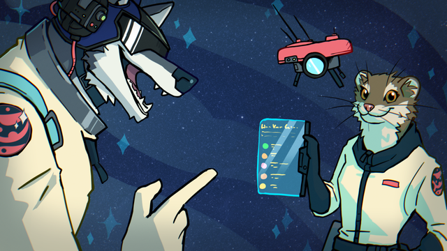 Depicted are a wolf and a stout. 
Both gesturing towards a futuristic Tablet with a list of the web video creators that have applied. 

Artwork by @raironu