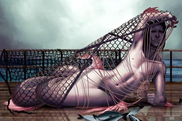 A pale pinkish fishman lying on his side on a fisherman's boat deck during an overcast day. He is tangled in the fisherman's net and is attempting to remove it by lifting it over his head.