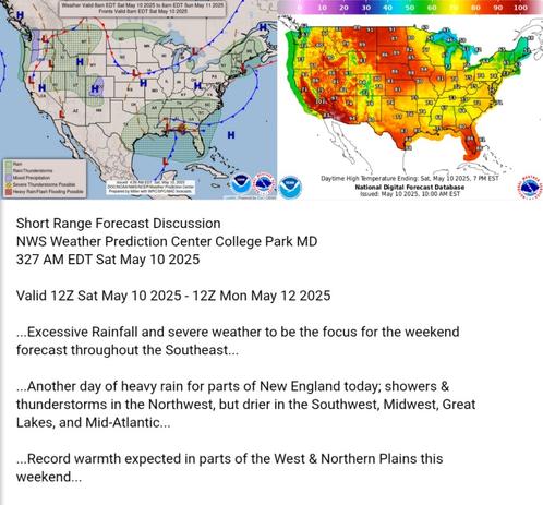 Valid 12Z Sat May 10 2025 - 12Z Mon May 12 2025

...Excessive Rainfall and severe weather to be the focus for the weekend
forecast throughout the Southeast...

...Another day of heavy rain for parts of New England today; showers &
thunderstorms in the Northwest, but drier in the Southwest, Midwest, Great
Lakes, and Mid-Atlantic...

...Record warmth expected in parts of the West & Northern Plains this
weekend...