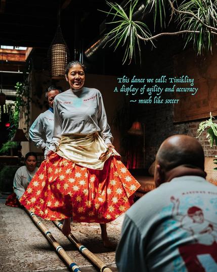 Photo of Sinag-Tala performing Tinikling and text on the photo that says, "This dance we call: Tinikling - a display of agility and accuracy - much like soccer"