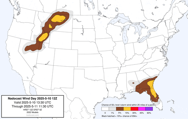 12z Day #Wind Forecast - map of the United States depicting areas of wind risk using various colors