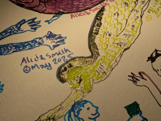 Detail of mer head, crest of the Good Tidings ink is sheening gold.