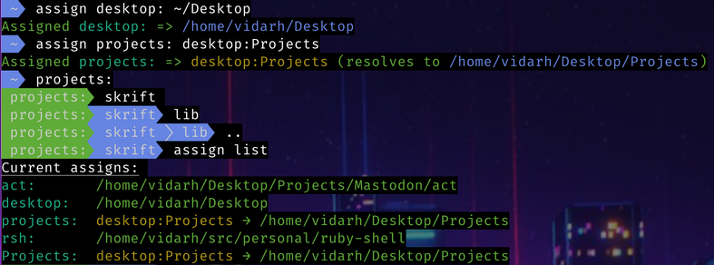 A screenshot showing a command "assign" in a terminal that assigns aliases, such as "assign desktop: ~/Desktop" and "assign projects: desktop:Projects", and how those get resolved when entering just the paths, as well as an "assign list" command that lists the currently assigned aliases.