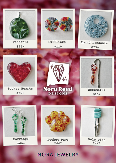 nora.jewelry ad featuring pendants, cufflinks, hearts, bookmarks, earrings, pocket paws and bolo ties