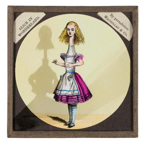 Magic lantern slide depicting Alice's Adventures in Wonderland, Alice with a Long Neck