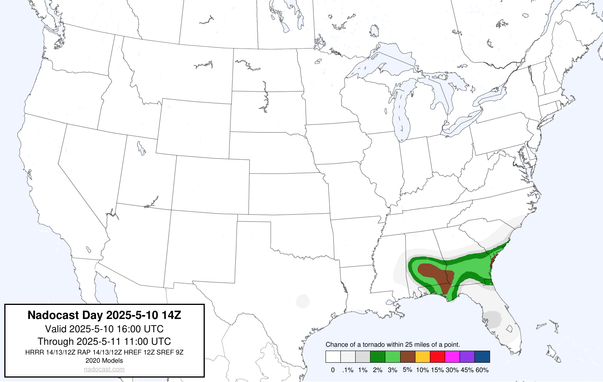 14z Day #Tornado Forecast - a map of the United States depicting areas of various colors to incidate tornado risks