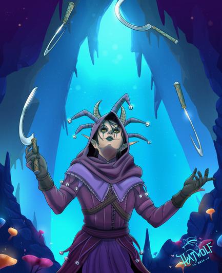 A fantasy illustration of a pale-skinned elf jester juggling curved sickles in a glowing cavern. The character has sharp black makeup and lipstick, and wears a purple hooded costume with jester horns tipped with silver bells. They are standing in a dramatic pose, juggling four sickles mid-air with a focused, theatrical expression. The cavern glows with radiant blues and purples, and bioluminescent mushrooms in pink, blue, and violet grow from the rocky cave walls. The artist's signature, "Hatwolf 2025," is in the bottom right corner.