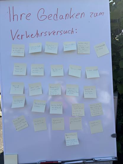 Flipchart mit Hafzetteln
Überschrift
Ihre Gedanken zum Verkehrsversuch:
—Zetteltexte
Zeitliche Sperrung der Einfahrt in die liebfrauenstr
Liebfrauenstraße beruhigen
Auslastung den Tiefgarage erhöhen
Tiefgarage öffnen Gebühr
Verkehr läuft  besser in Z-Straße und mehr Verkehr im Thoma Straße + Dahinter
Schilder "Anwohner frei" "Bewohner frei“
Elternhaltestellen im Kreisel
Kiss&Go Parkplätze verschieben Berliner Str
Tor Berliner Straße öffnen 
Fußgängersicherheit
U-Bahn Haltestelle
Blaue + rote Dreiecke ?
400 Parkplätze Nutzung ca 20-50
Blaue Kisten schlecht sichtbar
Parkmarkierungen verbessern
Kiss& Go In der Billwiese
Blumen Kästen nicht gepflegt • Dürfen das die Anwohner:innen" Die Stadt habe nein gesagt
Kreistagbeschluss durch den Kreistag erwirken
Reflektoren für Blumenkästen 
Antrag CDU - Kreistagsfraktion Lösung für die Tiefgarage durch Kreistagsbeschluss
Containen stören viele Anwohner Parkgebühren 
Anschluss Nassauer - Zeppelin -Fahrbahn her stellen für Radfahrende(über BSo gelände )
Sitzgelegenheit statt Blumenkästen 
Fahrradstraße okay dann sollte man auch diese nutzen !
Kontrolle der Parkflächen durch Polizei
Schüler:innen informieren  über "Fahren auf der Fahrbahn um Fußgänger:innen zu schützen
"Es geht uns gut damit