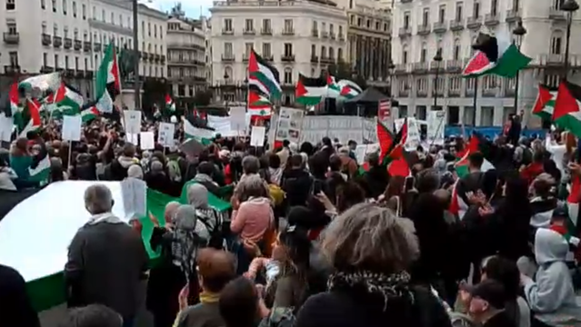 Fotografía tomada en medio de una manifestación en Madrid. Una multitud tiene a su izquierda una bandera gigante palestina, al fondo se ve una parcarta cuyas letras no se leen y muchas banderas palestinas.