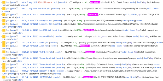 A screenshot of a part of the edit history of the Wikidata Item for Pope Leo XIV showing new sitelinks being added.