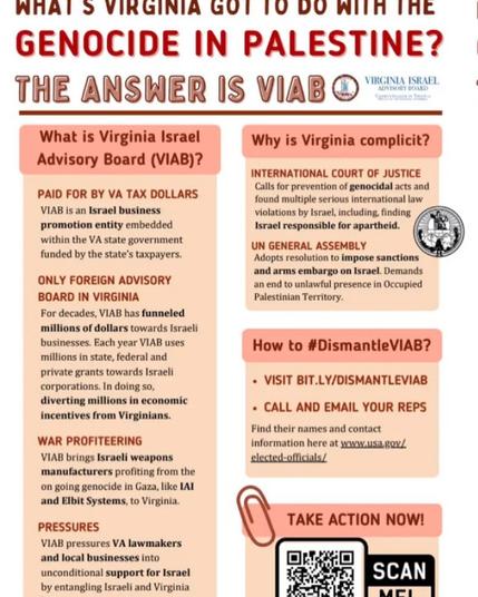 Infographic explaining the Virginia Israel Advisory Board's role in supporting Israeli business and its alleged connection to the situation in Palestine, with calls to dismantle VIAB.