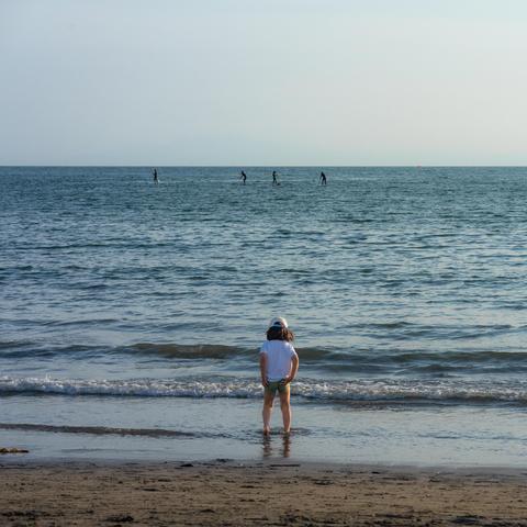 The image depicts a beach scene. There's a child standing near the shoreline, looking out at the water. In the background, several people are paddleboarding on the ocean. The weather appears to be clear and sunny.