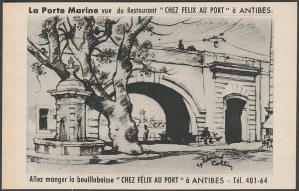 Printed monochrome postcard showing an illustration by Edouard Collin of the Restaurant Chez Feliz au Port in the Porte Marine of Antibes in France.

Published by Maniezzi, Antibes, not numbered, c.1950.

Postally unused.

Good condition, with minimal corner bumps, but very light bend to bottom right corner.