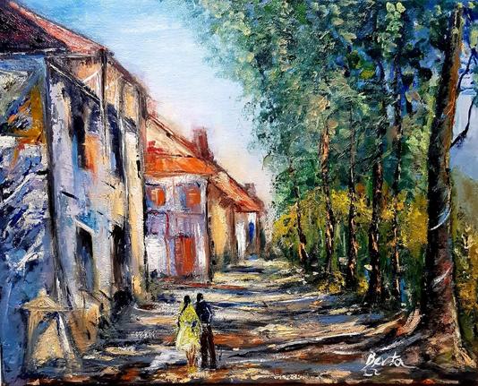a road with a row of two story buildings on one side and trees on the other in a rough impressionist style.  The road is probably dirt, it seems like the edge of a rural village.  On the road are two people close to one another, facing each other, one in a yellow dress and the other in dark shirt and pants.