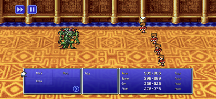 A character stands on a blue platform with decorative pillars and a golden floor. The UI includes health bars, names of characters, and icons representing their actions. The scene is from the game FINAL FANTASY with a third-person perspective.