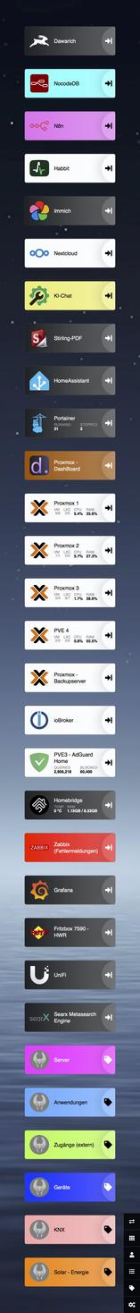 Dashboard mit sehr vielen Anwendungen für das Selfhosting mittels heimdall erstellt. Die Apps sind in den Tags aufgelistet.