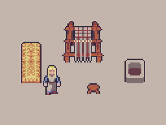 A straw bed, a female villager, a loom, a stool, and a firepit on a gray neutral background.