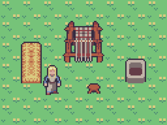 A straw bed, a female villager, a loom, a stool, and a firepit on a grassy green background.