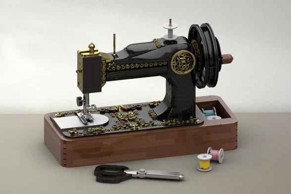 A model of a vintage sewing machine made of Lego bricks