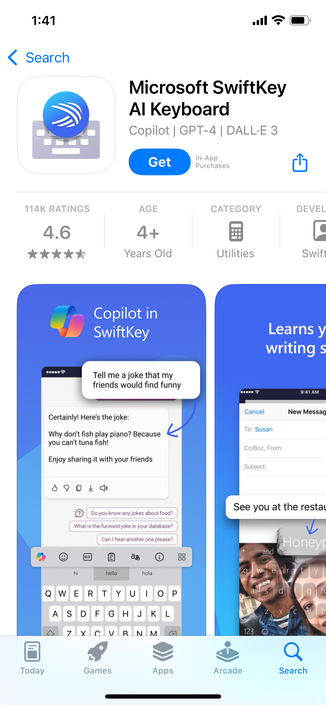 Screen shot of "Microsoft SwiftKey AI Keyboard" in the Apple app store.  Subtitled "Copilot | GPT-4 | DALL-E 3"

Below the title and logo is a blue Get button, then a row with

114K Ratings
4.6 (stars)
Age 4+ Years Old
Category Utilities

and then below that some screen shots, the first of which says "Copilot in SwiftKey"