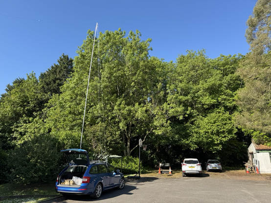 The view of the antenna assembly. A blue car is parked up against a bush. Rising from the car is a lightweight aluminium mast. There are white guy wires securing the mast. It’s hard to see but an inverted V antenna of copper wire is strung form it.